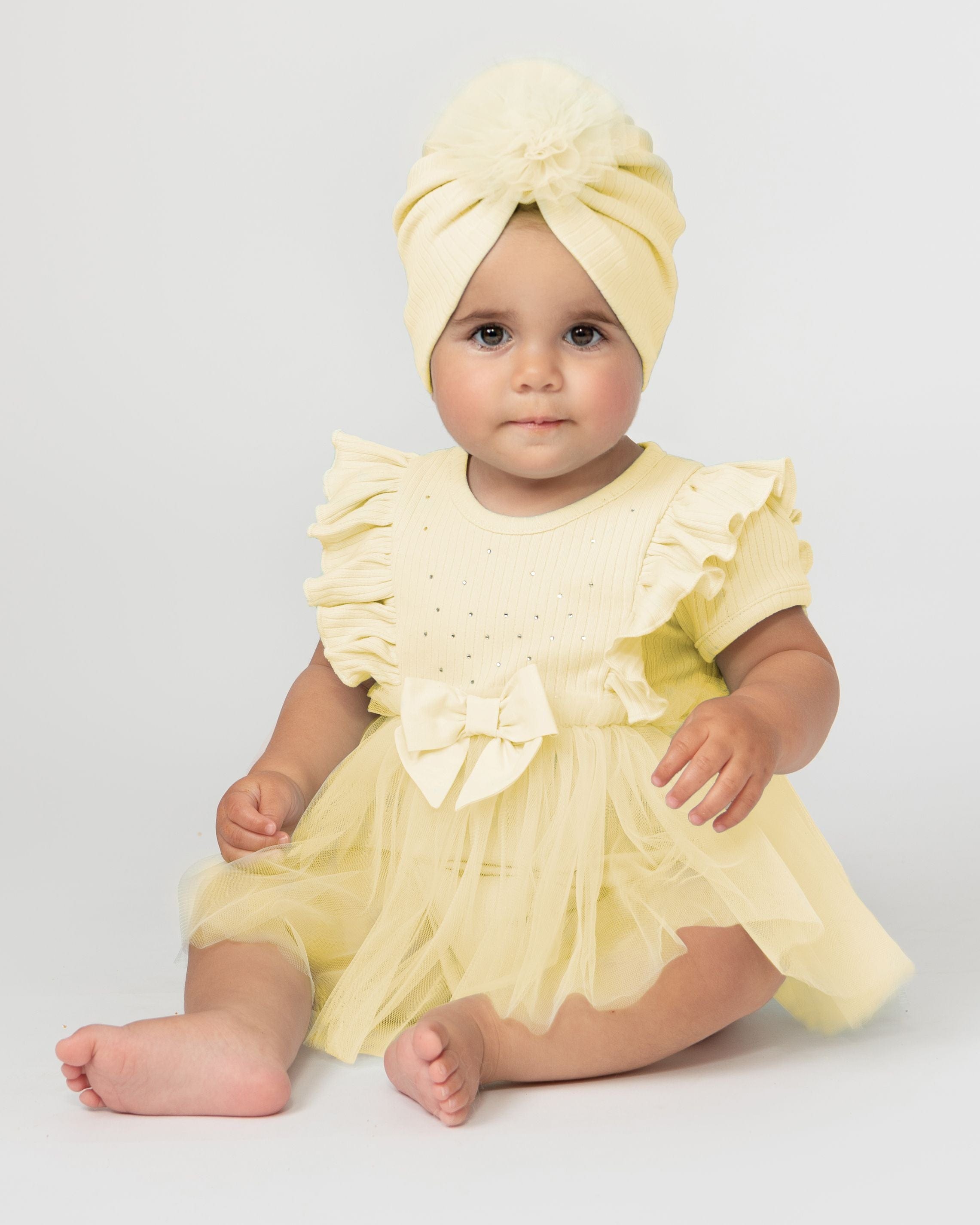 Caramelo Ribbed Tulle Baby Dress with Turban
